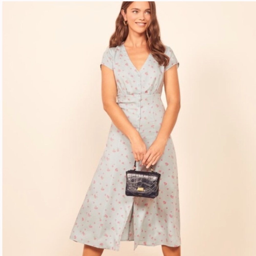 Reformation Denise Floral Light Blue Midi Dress